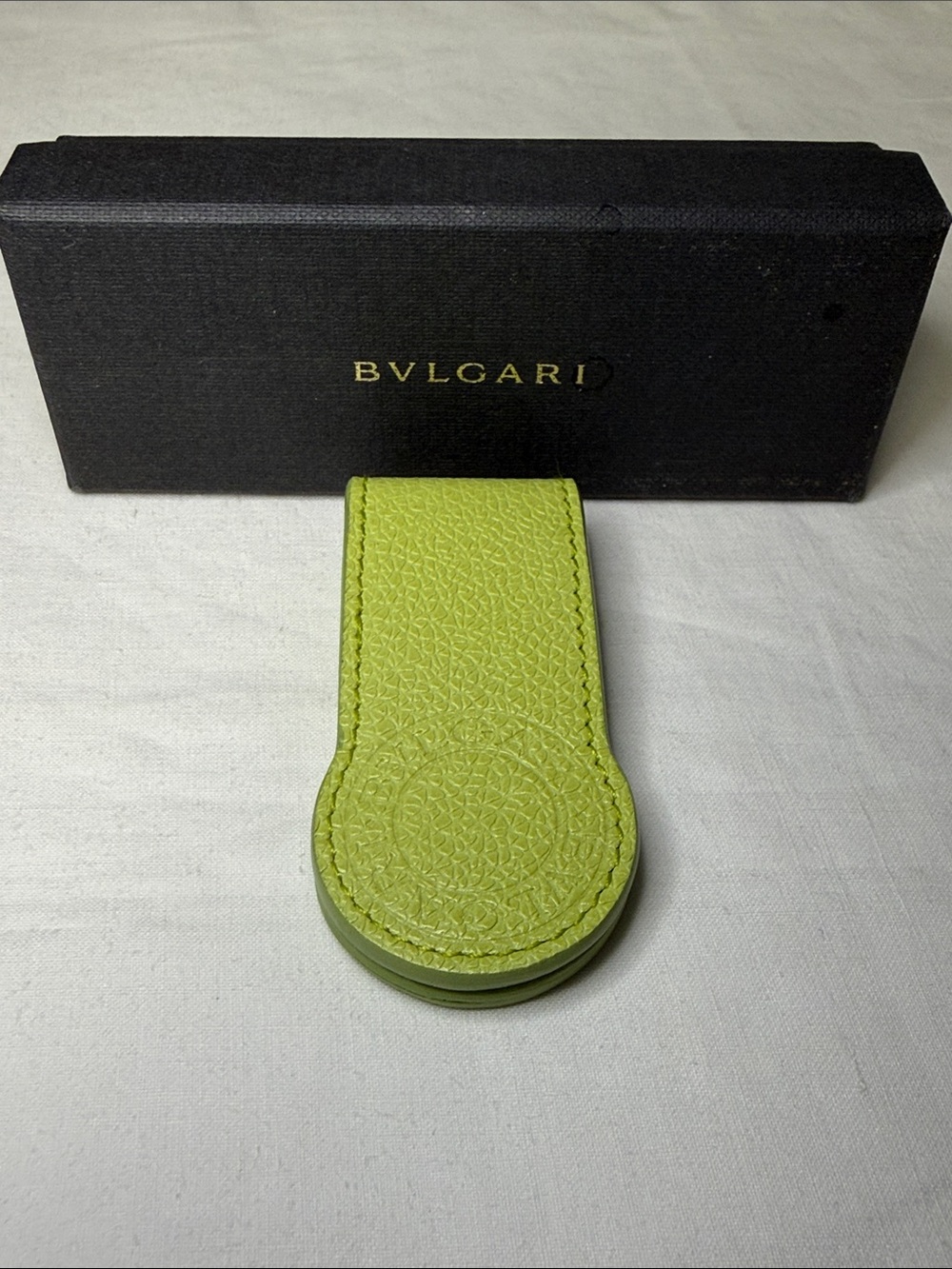 BVLGARI Leather Magnetic Money Clip Holder – Lime Green – With Box